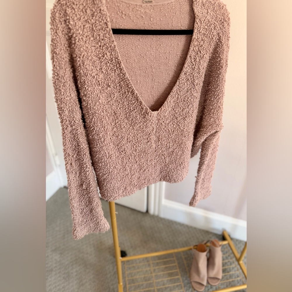 Free People Cozy Popcorn Knit Cropped Sweater Blush Pink Boho Small